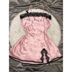 CABERNET Pink Shiny Satin Sheer Beige Lace Trim Nylon Cami Nightie Nightgown L